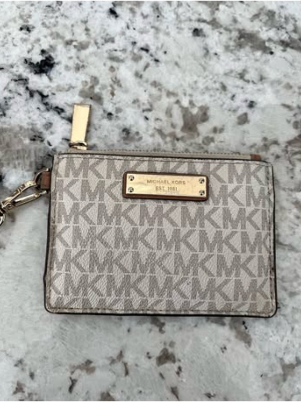 Michael Kors Beige/Tan MK Logo Zip Wristlet with Gold Plate